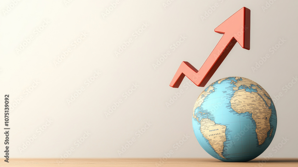 Poster global growth indicator, an upward arrow on a chart set against a globe background symbolizing inter
