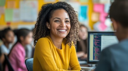 Female Educator Engaging Students in Coding Class