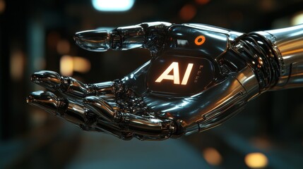 Futuristic Robot Hand Holding Bold 'AI' Logo, Symbolizing Advanced Technology and Innovation