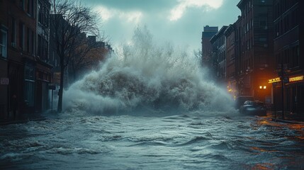 massive wave crashing onto a flooded urban street, creating a dramatic scene of nature's power against the backdrop of an overwhelmed cityscape, evoking awe and urgency