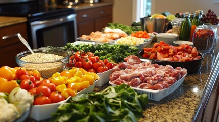 Obraz premium Colorful healthy meal prep for weight loss with fresh veggies, lean proteins, and grains
