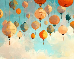 Colorful lanterns floating against a serene blue sky, creating a festive atmosphere.