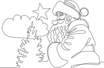 Character With A Sack Full Of Gifts. Vector Hand Drawn Illustration. One continuous line drawing Santa Claus on reindeer and sled. concept for Christmas and New Year