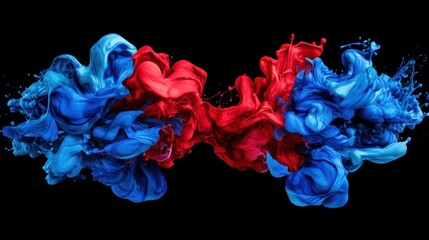 Vivid blue and red acrylic paints swirling and merging in clear water, creating a dynamic ink blot effect. The vibrant colors blend seamlessly