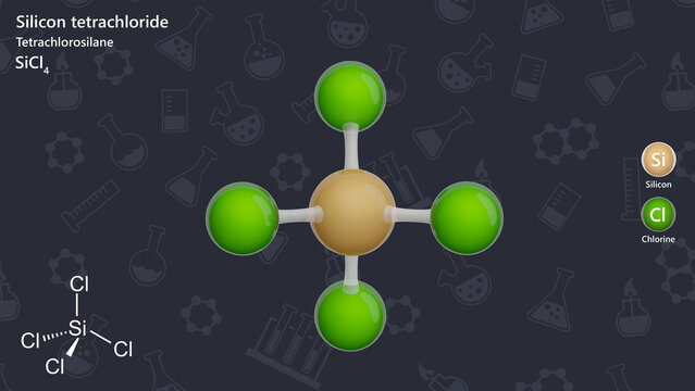 Molecule: Silicon Tetrachloride. Molecular structure. Formula: SiCl4. Chemical model: Ball and stick. Dark background. 3D illustration.