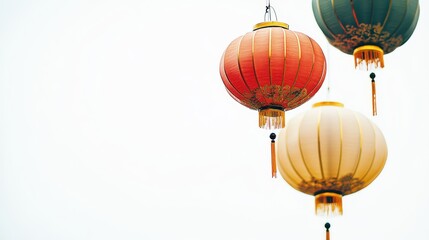 Obraz premium Colorful lanterns hanging against a pale sky, symbolizing tradition and celebration.