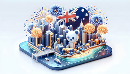 3D Glossy Australian Fireworks Over Cityscape Concept Glossy Background Vibrant Colors Ample Copy Space National Pride Urban Celebration Australia Day Icon