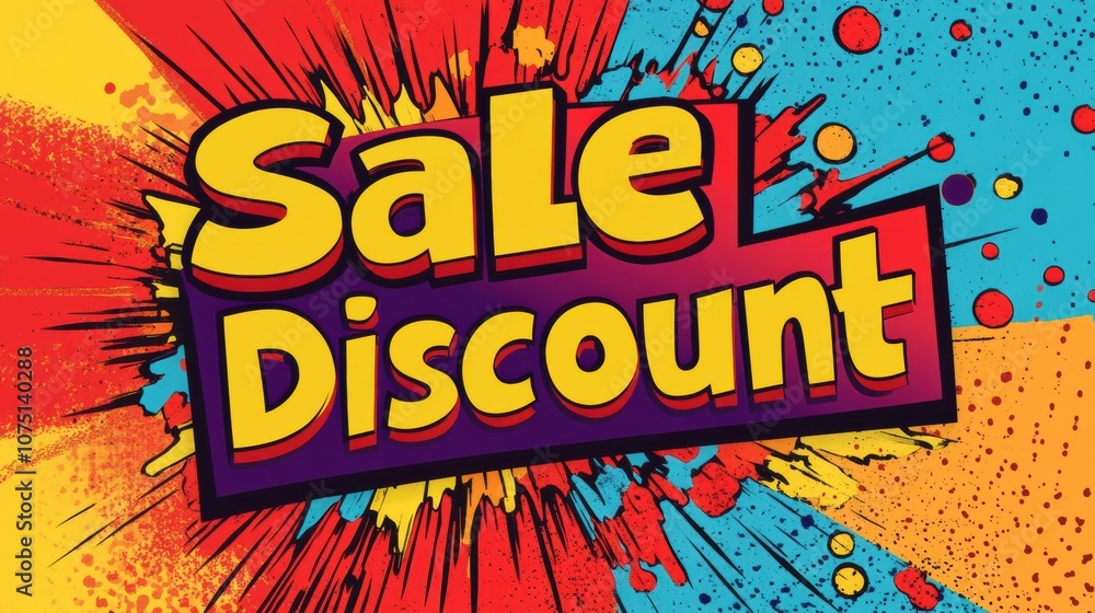 Aufkleber An explosive display of vibrant colors features bold text promoting a sale and discount in a playful pop-art design. Generative AI