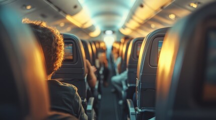 Passengers relax in cozy airplane cabin at sunset, enjoying in flight entertainment and the promise of adventure