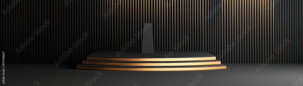 Poster A modern showcase with layered platforms illuminated by warm light, set against a minimalistic backdrop of vertical lines.