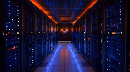 Fototapeta premium Server Room with Blue Lights, data center, data storage, servers, racks, technology