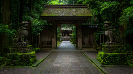 Ancient Japanese Temple Gate with Stone Guardians, Lions, Shrine, Architecture, History, Tradition