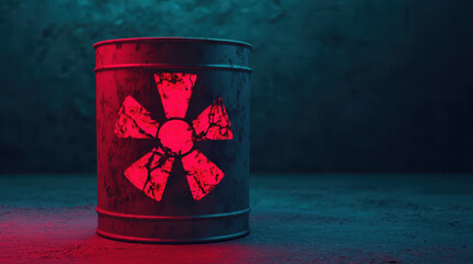 Cracked metal container with radioactive symbol, glowing red and blue