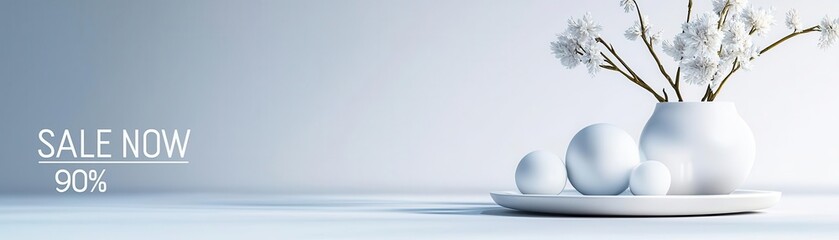 Obraz premium A minimalist design featuring white vases and eggs on a plate, highlighting a 90% off sale.