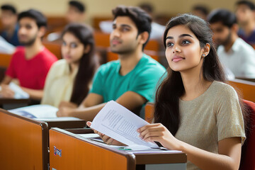 Indian college students in a lecture hall, sitting at desks and listening to the teacher while holding papers or notes