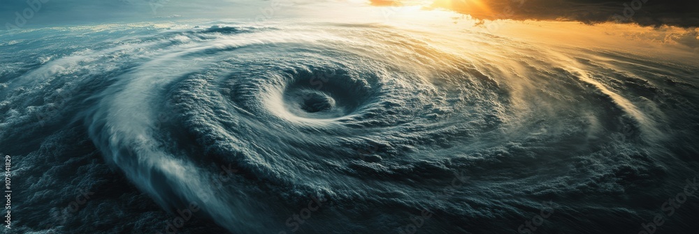 Aufkleber a large hurricane forms in the ocean, characterized by swirling clouds and a deep eye, as the sun se