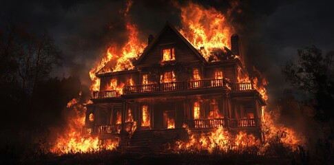 Haunting Flames Consume a Mysterious Old Mansion. AI generated illustration