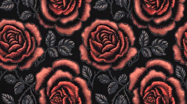 Fototapeta Black and red vintage wallpaper with floral design seamless pattern
