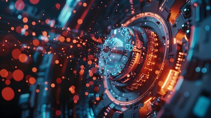 A glowing orange circle with a black background. The circle is surrounded by a lot of bright lights and it looks like a futuristic space scene