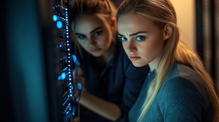 Female Technician Focused on Network Setup in Dark Ambiance