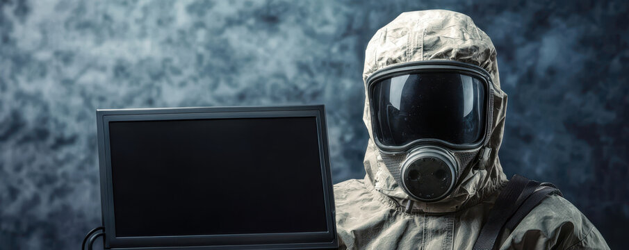 person in radiation suit holding digital monitor in isolation