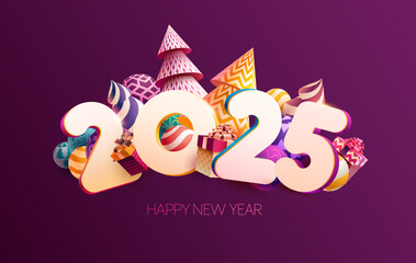 Happy New year 2025. White numbers with gift boxes and colorful christmas decoration. Festive greeting card design.
