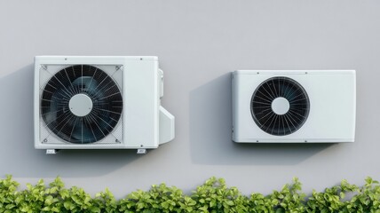 Modern air conditioning units mounted on a wall with greenery.