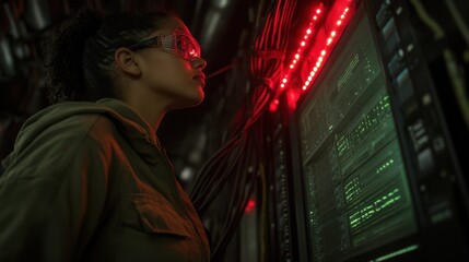 Female Technician Working in Data Center