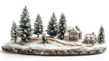 A snow-covered Christmas scene with a decorated tree, isolated on white