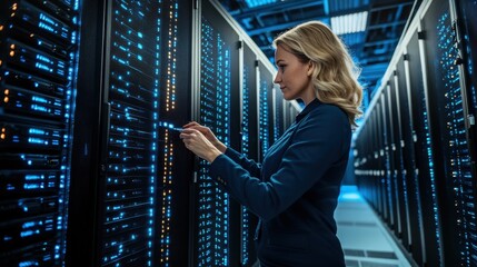 Female Technician Inspecting Modern Server Racks