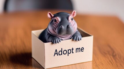 Adorable Baby Pygmy Hippo in Adoption Box A cute baby pygmy hippo sitting in a cardboard box labeled "Adopt Me," symbolizing animal adoption and conservation awareness