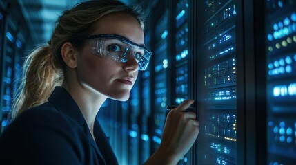 Female Technician Inspecting Modern Server Racks