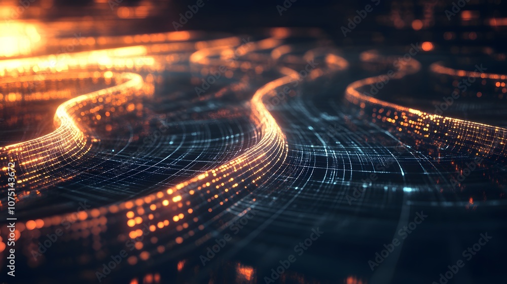 Poster abstract digital landscape with glowing lines and particles.