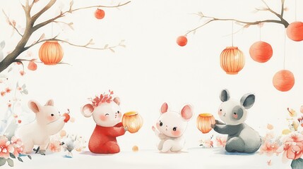 Cute animals celebrate with lanterns under blooming branches in a whimsical setting.