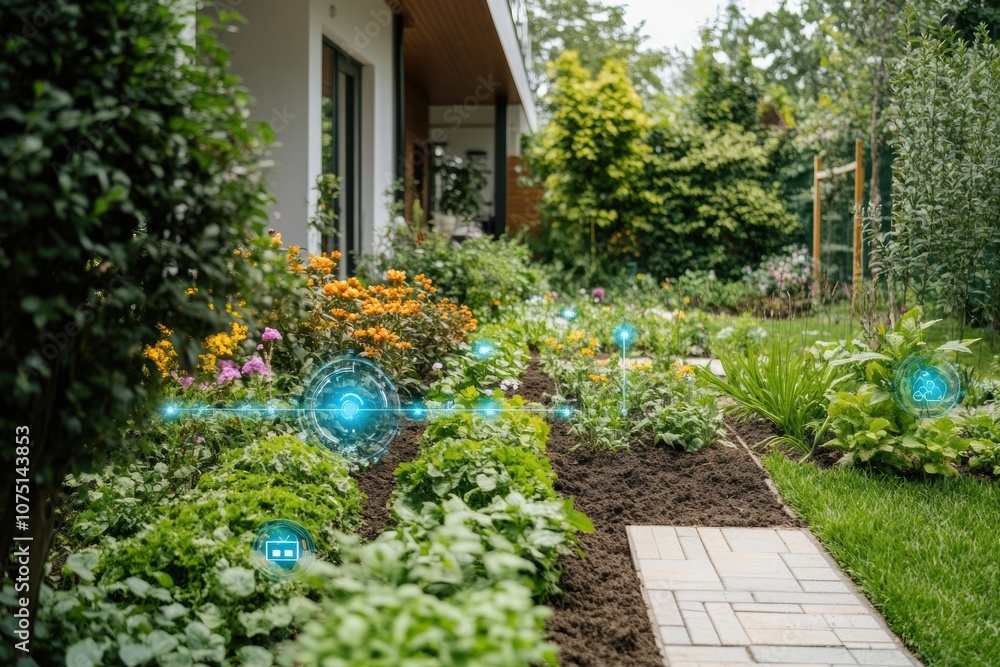 Poster A lush garden equipped with advanced technology includes automated sprinklers and soil sensors to promote healthy plant growth. Generative AI