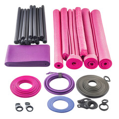 Naklejka premium Assorted Fitness Equipment: Exercise Mats, Resistance Bands, and Foam Rollers