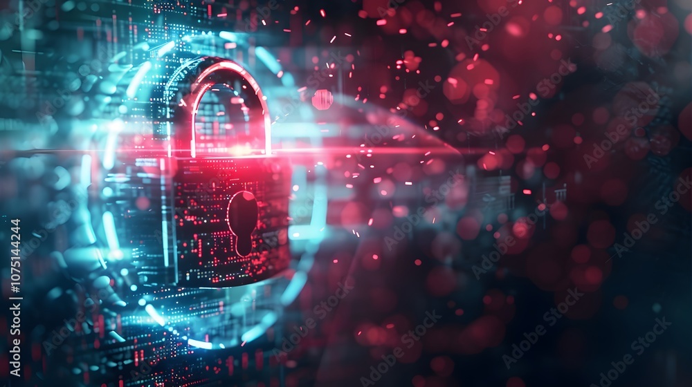 Poster a glowing red and blue image of a lock with a key. the lock is surrounded by a series of glowing lin