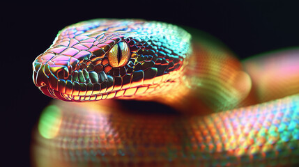 Fototapeta premium Closeup of iridescent snake with vibrant scales and neon lighting for exotic wildlife and reptile theme