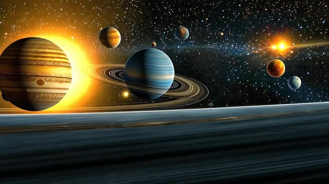 A view of a distant solar system with multiple planets and a bright sun