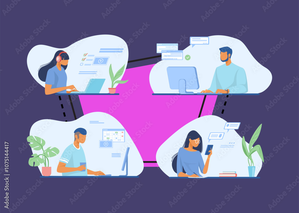 Poster people using online apps set. professionals using computers and cellphones for work or chat. flat ve