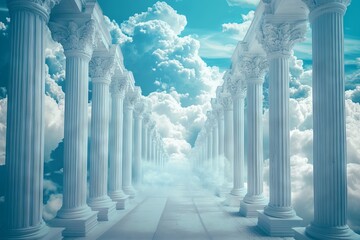 Ethereal Pathway Through Greek Columns Under a Fantasy Sky. AI generated illustration