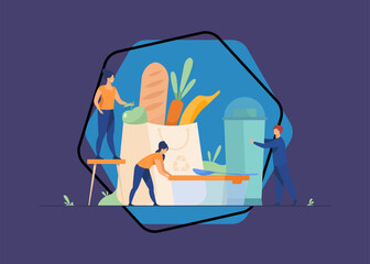 People shopping with eco friendly bag flat vector illustration. Sustainable plastic and organic food. Environment, future and recycling concept.