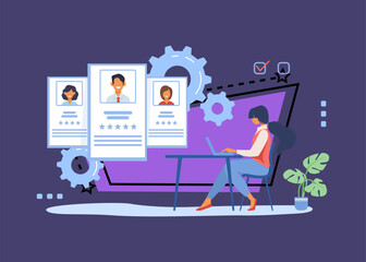 Recruit agent analyzing candidates. HR manager studying employees profiles on internet flat vector illustration. Rate, staff, human resource concept for banner, website design or landing web page