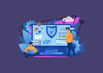 Personal digital security. Defence, protection from hackers, scammers flat vector illustration. Data breaches, data leakage prevention concept for banner, website design or landing web page