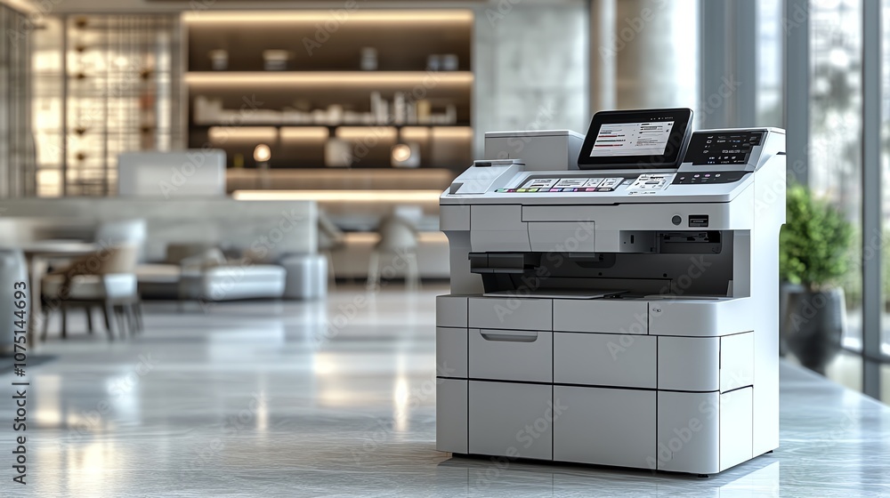 Poster A modern office multifunction printer on a table in a contemporary office space with a blurred background of a lounge area.