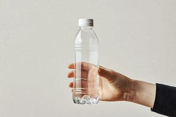 A hand holding a clear plastic water bottle against a plain background.