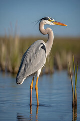 Obraz premium A great blue heron stands in shallow water with its long legs and neck extended, searching for prey
