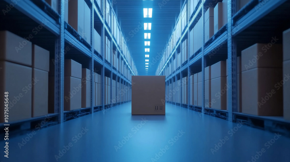 Poster futuristic automated storage system with robotic arms moving boxes in high-tech warehouse