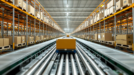 Obraz premium Automated Conveyor System in a Modern Warehouse, distribution center, conveyor belt, automated system, logistics, shipping