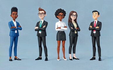 Obraz premium Personnages de dessin animé heureux et souriants, employés de bureau, debout sur un fond uni, Style 3D, personnes travaillant dans un bureau.